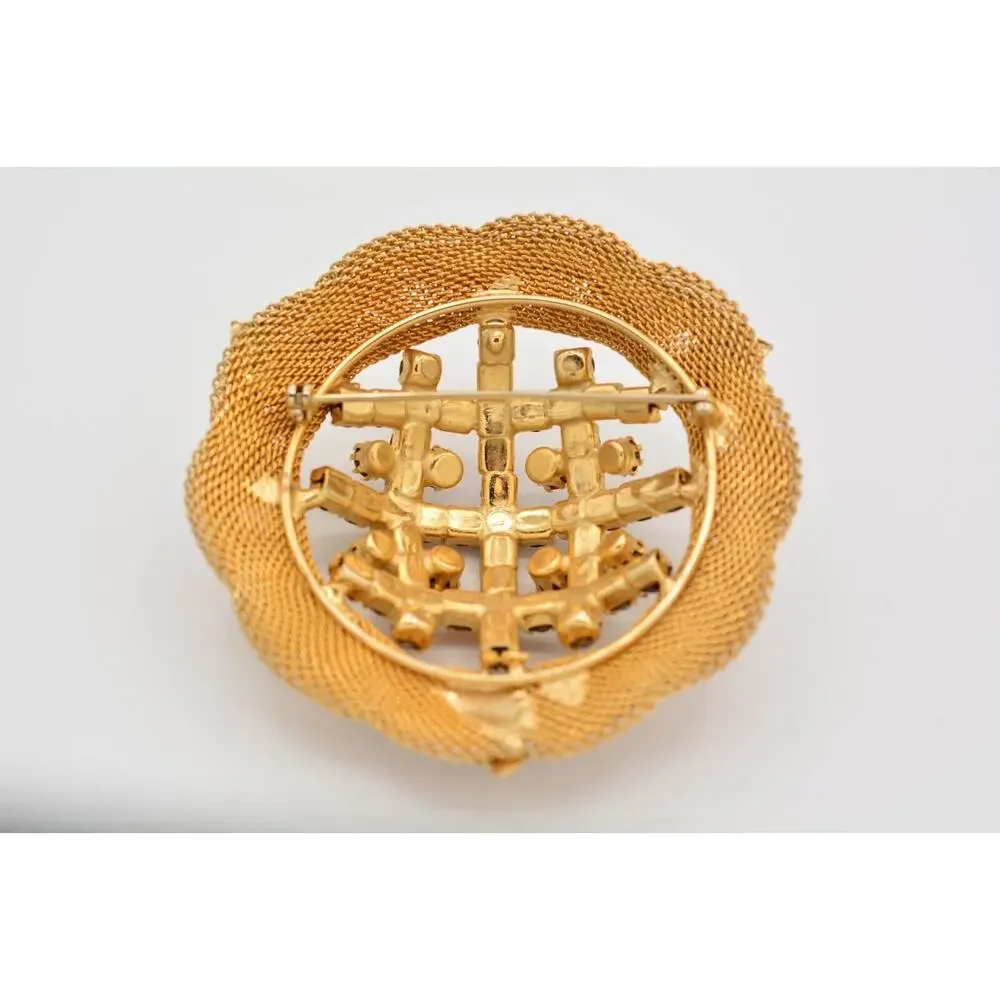 Vintage Crystal Pin Brooch Mesh Gold Prong Multi-Color Rhinestone 1970s BinAT